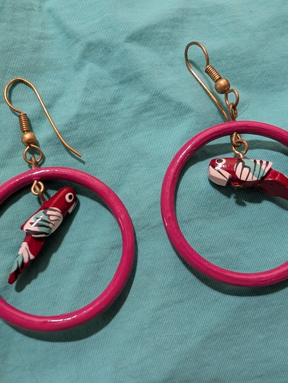 Handcrafted Wooden Pink Parrot Hoop Earrings - Unbranded
